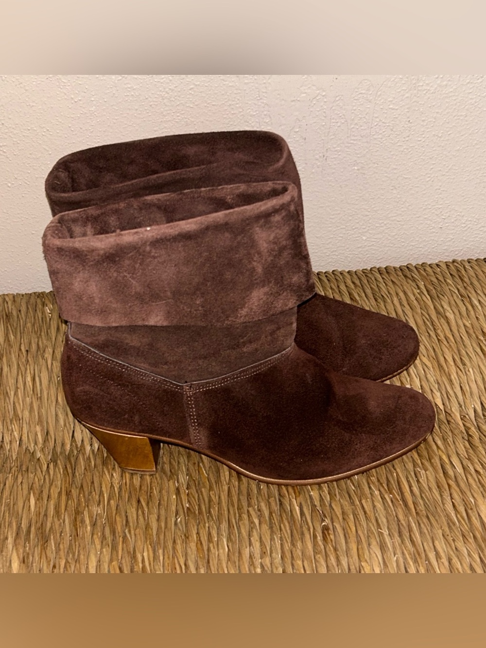 Brown Suede Slouch Foldover Ankle Boots Low Block Heel Western Boho Women’s